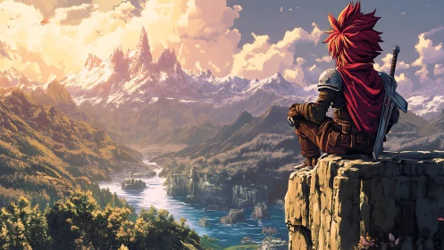Lone red‑haired warrior surveying vast fantasy valley vista.