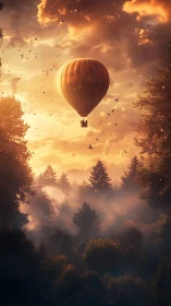 Sunlit hot air balloon drifting above misted forest canopy.