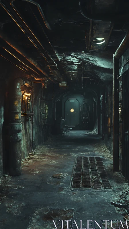 Rustbitten bunker corridor humming with dim industrial dread.