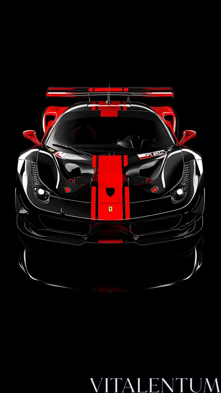 Black race car front view with bold red center stripes.