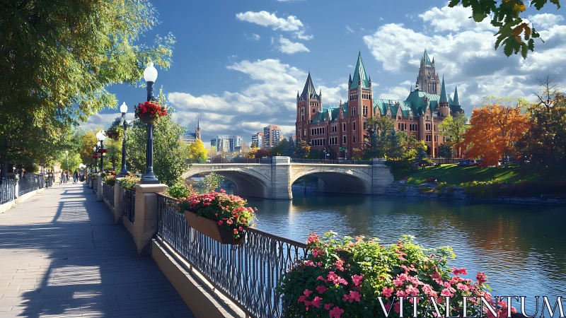 Riverside castle promenade under bright blue city skies.