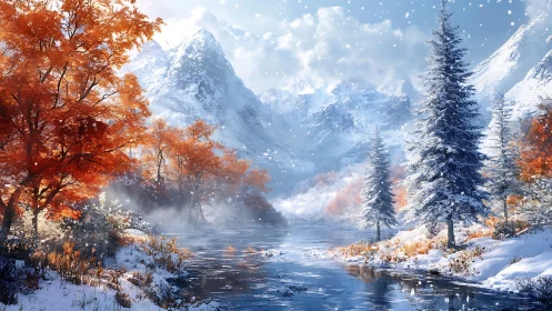 High-detail alpine river valley with early snowfall and autumn foliage