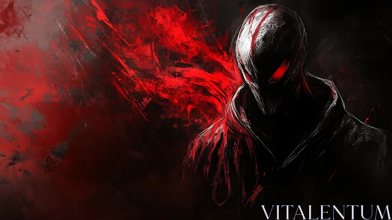 Hooded shadow figure emerges through violent red strokes.