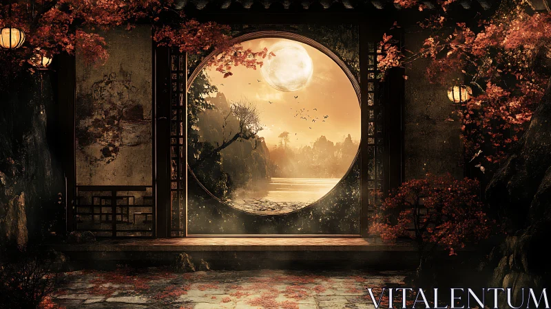 Moonlit circular gateway frames serene autumn lake view.