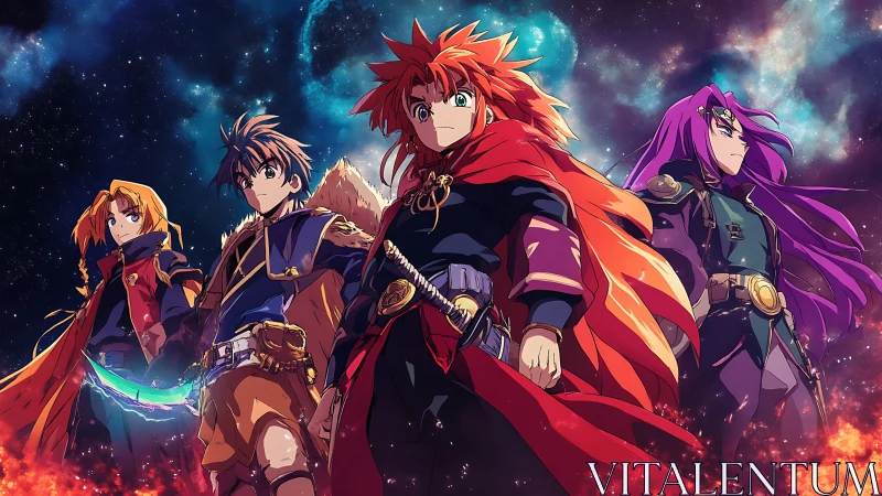 Four anime heroes stand united before vivid cosmic nebula