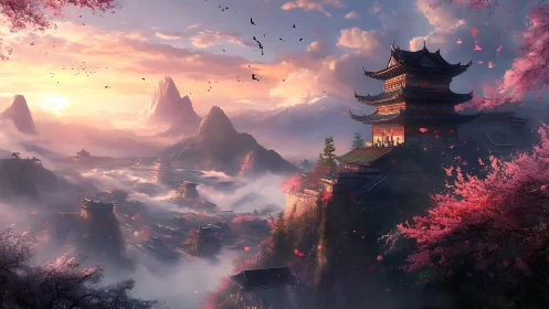 Sunlit mountain temple overlooks misty valley in bloom