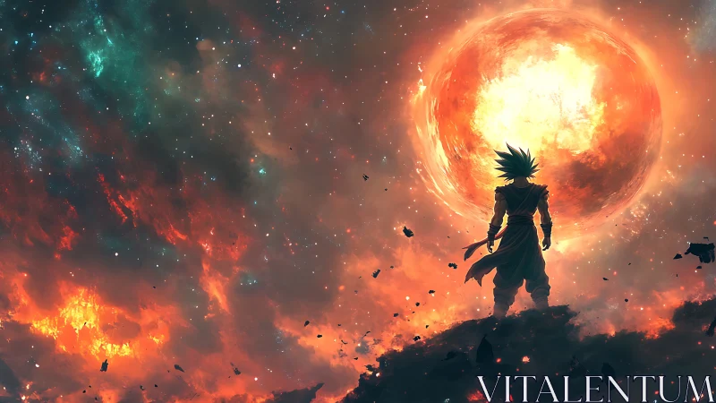 Anime cosmic warrior silhouetted before erupting starfield.