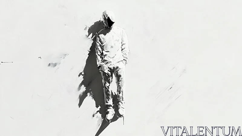 Monochrome faceless figure casts elongated shadow on void