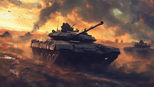 Armored battle tanks advance through fiery dusk battlefield.