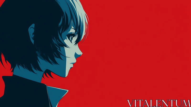 Anime profile silhouette cuts against bold crimson field.