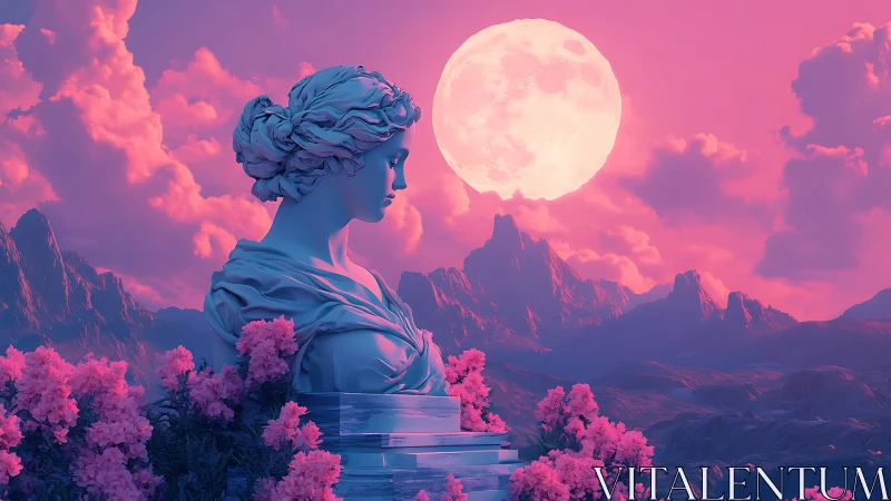 Classical bust amid pink landscape under large full moon.