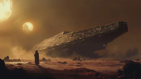 Desert wanderer studies a slumbering starship leviathan