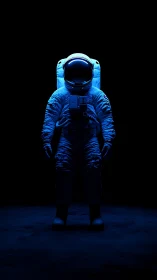 Lone neon astronaut standing in a hush-black cosmic void.