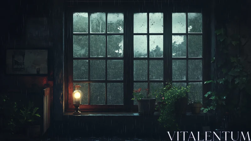Rainy window garden lit by solitary antique lamp at dusk.