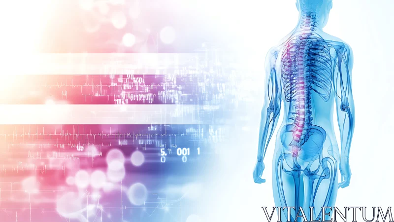 Human spine anatomy with digital medical data overlay.
