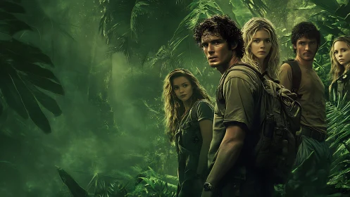 Survival expedition team framed in dense tropical rainforest