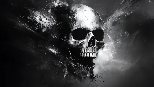 Monochrome skull explosion in high-contrast digital painting.