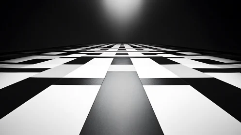 Monochrome geometric corridor extends toward vanishing light.