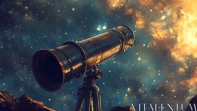 Brass observatory telescope under luminous nebula sky