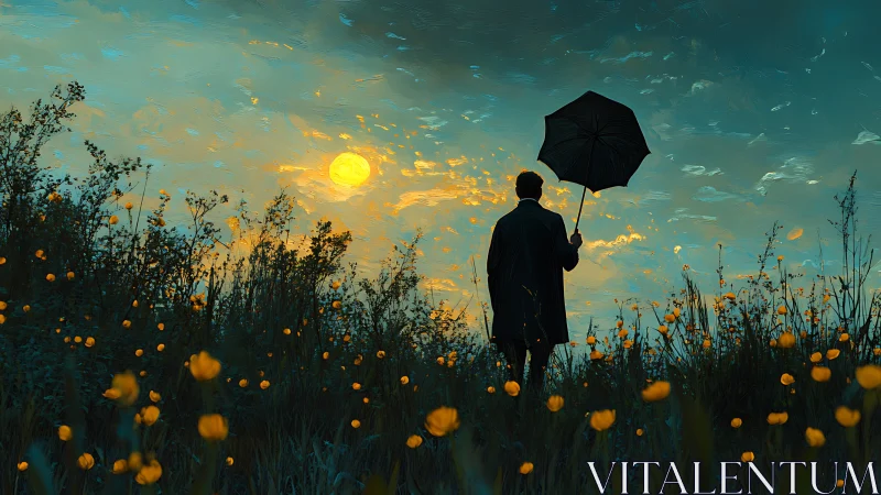 Umbrella wanderer greeting a molten teal and gold sky.