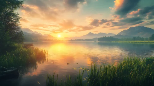 Sunrise hush over mirrorlake reeds and distant mountain hush.