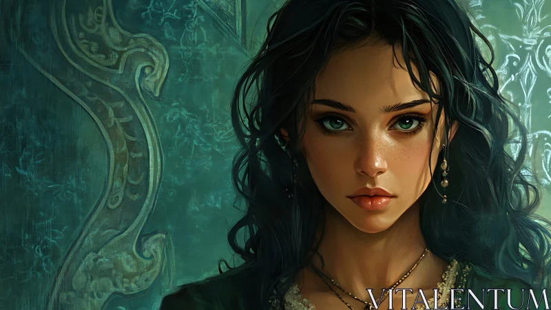 Dark haired woman stares forward against ornate teal wall