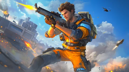 Armed space marine leaps through urban battlefield under fire