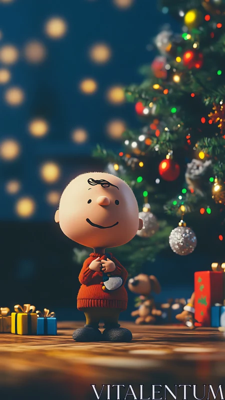 Cartoon child stands before decorated tree in soft focus