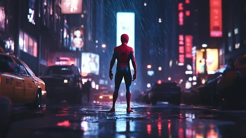 Lone masked hero stalks neon city streets in silver rain.