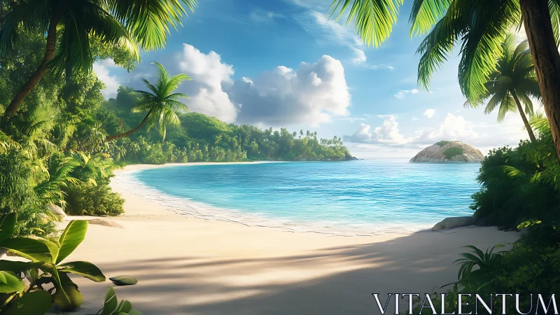 Tropical coastal landscape with white sand beach and turquoise water.
