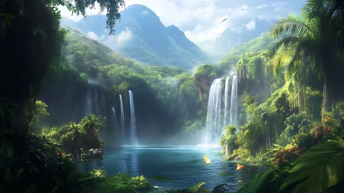 Lush tropical valley contains tiered waterfalls and lake