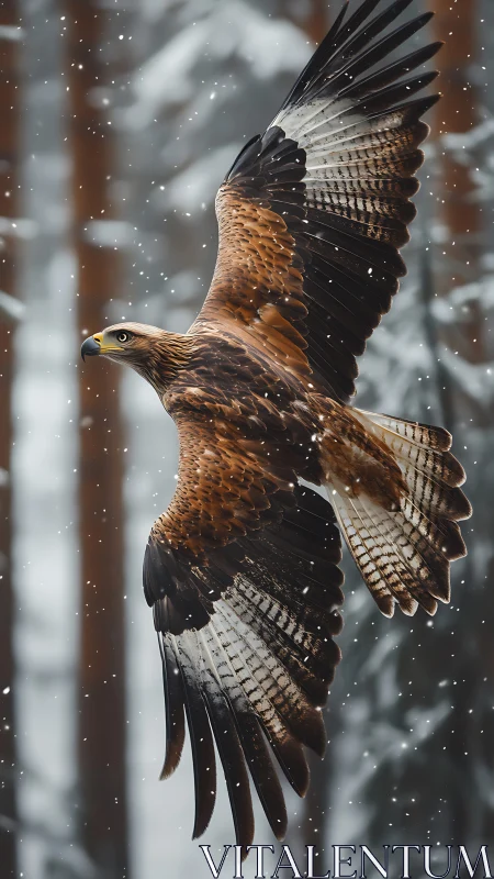 Golden eagle gliding through gently falling winter snow.