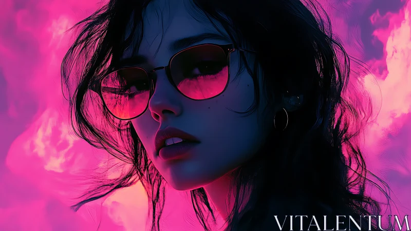 Neon‑lit woman in sunglasses gazes into vibrant pink sky