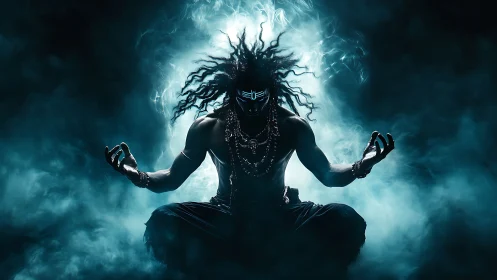 Mystical warrior in calm blue smoke-filled meditation.