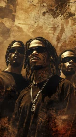 Rap trio portrait under gritty golden textured haze.