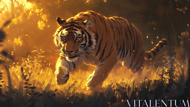 Tiger strides through burning golden forest light at dusk