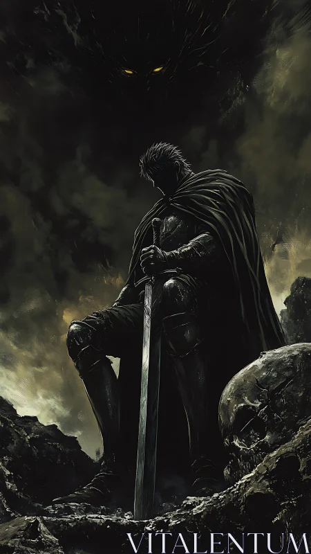 Lone dark warrior pauses with his greatsword amid looming dread