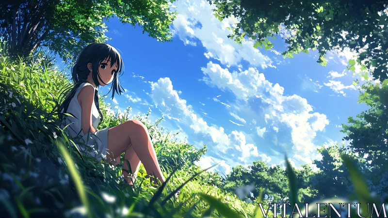 Summer hillside girl in white dress under luminous sky.