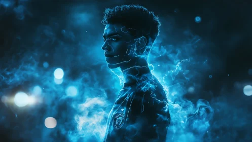 Electric blue portrait silhouette with dynamic smoke aura.