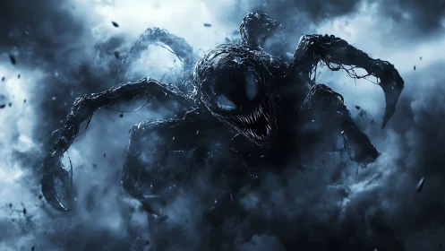 Nightmare symbiote emerges from swirling storm clouds.
