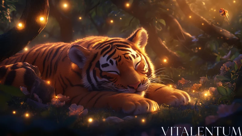 Sleeping tiger in glowing forest with floating fireflies.