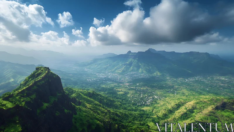 Wide aerial view of green mountain range under clouds.