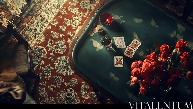 Playing cards, drinks, and flowers on patterned table.