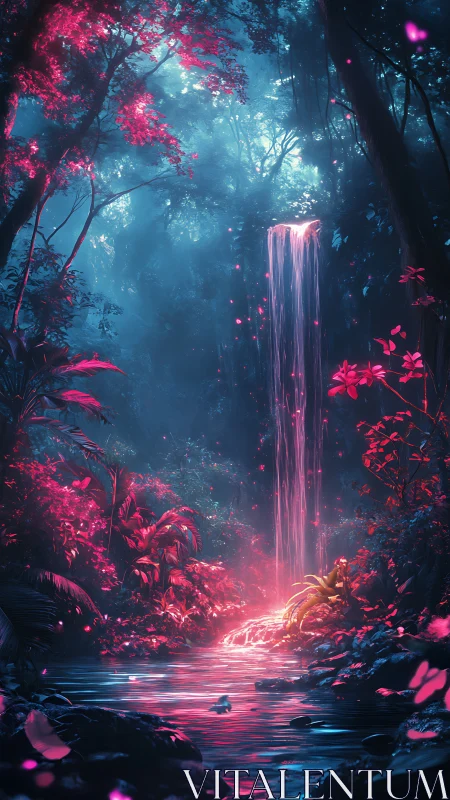 Dreamlit waterfall glowing through a neon twilight forest.