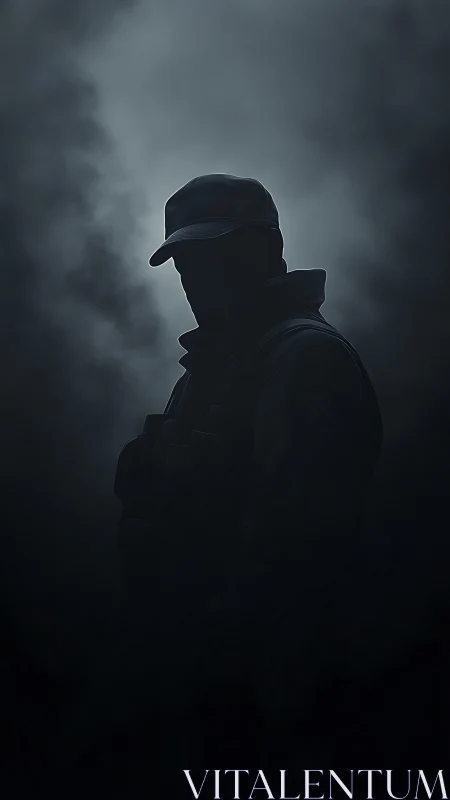 Silhouetted tactical figure emerges from swirling night fog