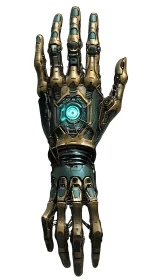 Futuristic cybernetic hand displays glowing teal power core