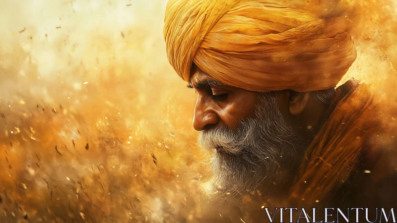 Portrait shows elderly man in turban amid diffuse golden haze