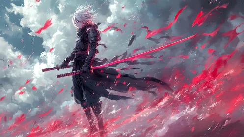 White-haired swordsman stands in storm of red particles