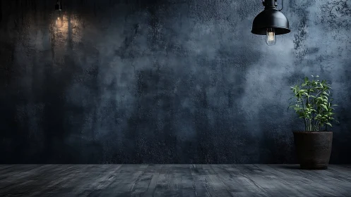 Industrial interior wall with plant and pendant lights.