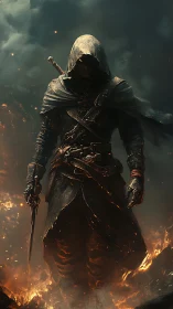 Hooded rogue strides through rising flames with drawn dagger